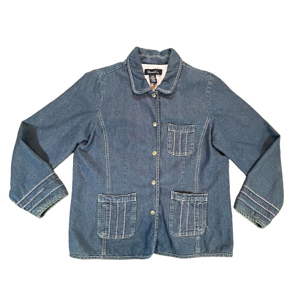 DENIM & CO DENIM JACKET SHACKET LARGE LIGHT WASH LINED EMBROIDERY STITCHING